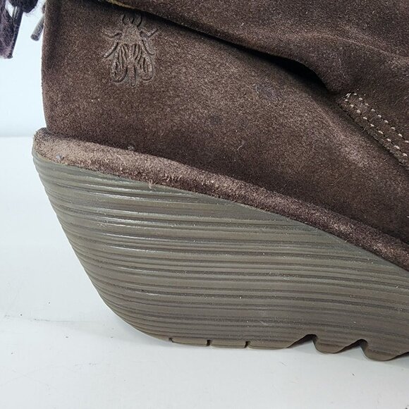 FLY London Yebi Espresso Suede Ruched Ankle Boots with Tie EU 40 US 10 Wedge - Picture 4 of 15